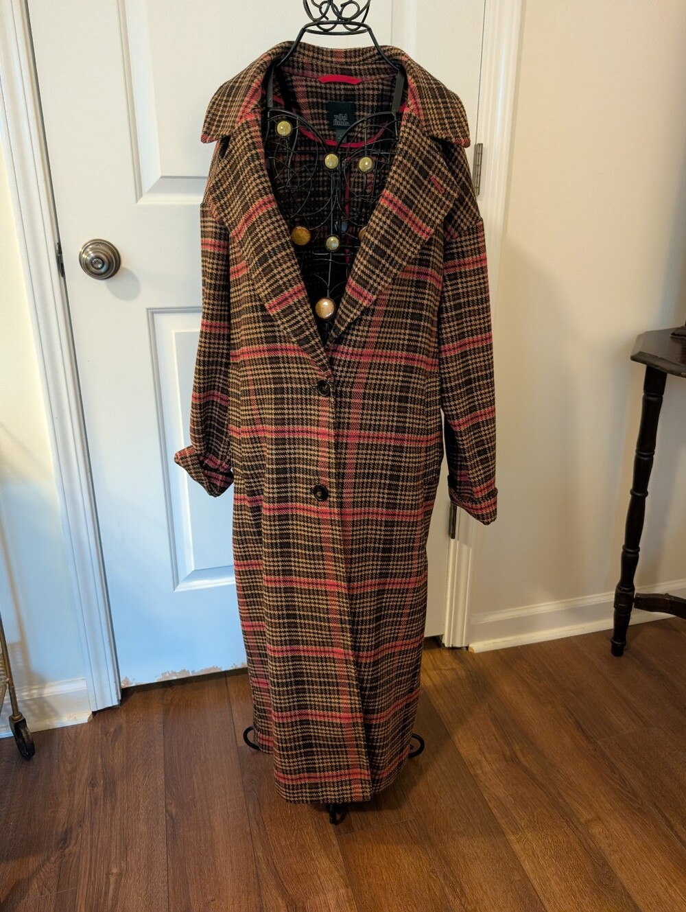 Wild Fable Women's Long Plaid Overcoat in Brown and Pink